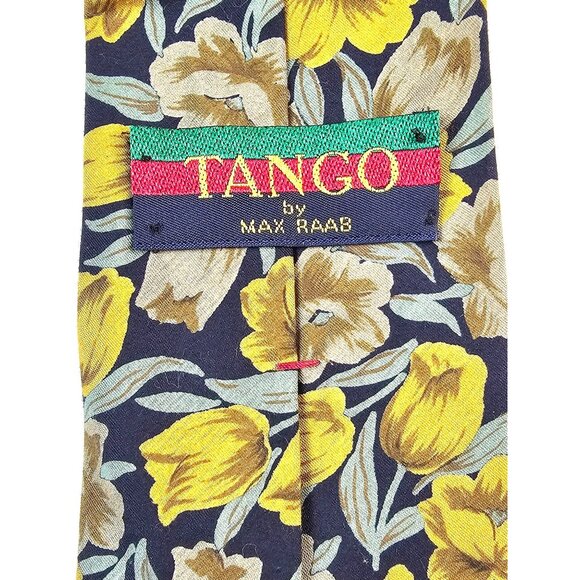 TANGO BY MAX RAAB Mens Floral Tulip Print Navy Yellow Cotton Necktie Made In USA - Picture 3 of 7